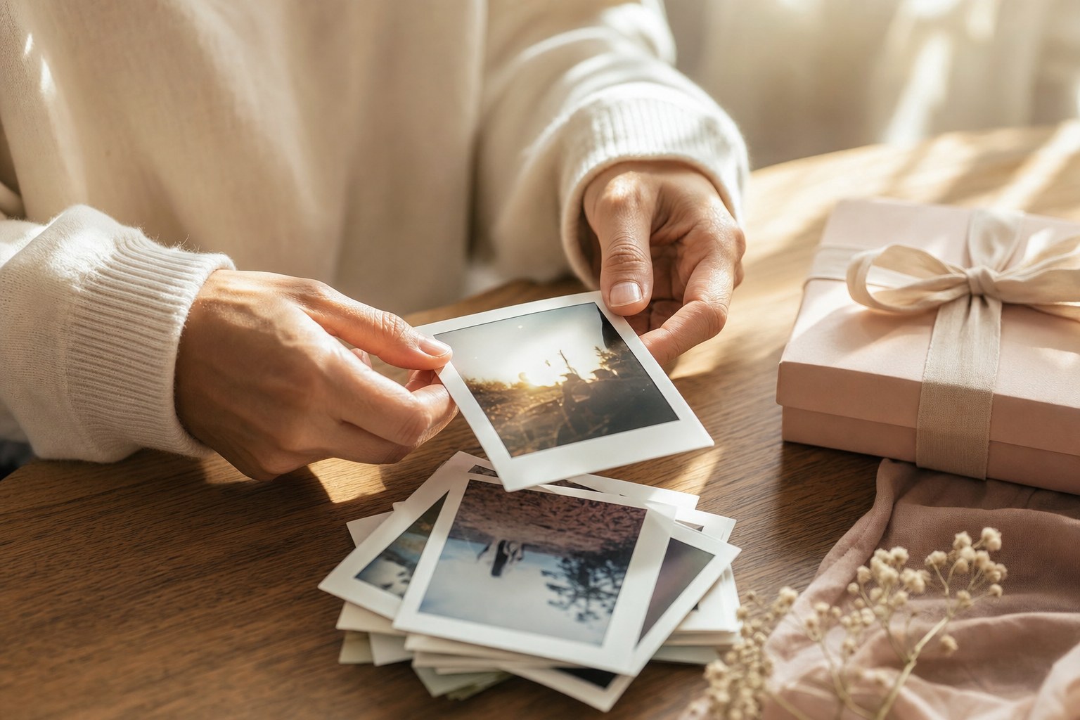 Hands choosing a photograph beside a wrapped gift