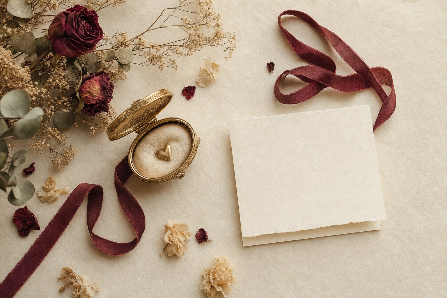 An heirloom box, blank card, ribbon, and dried flowers arranged for a heartfelt gift