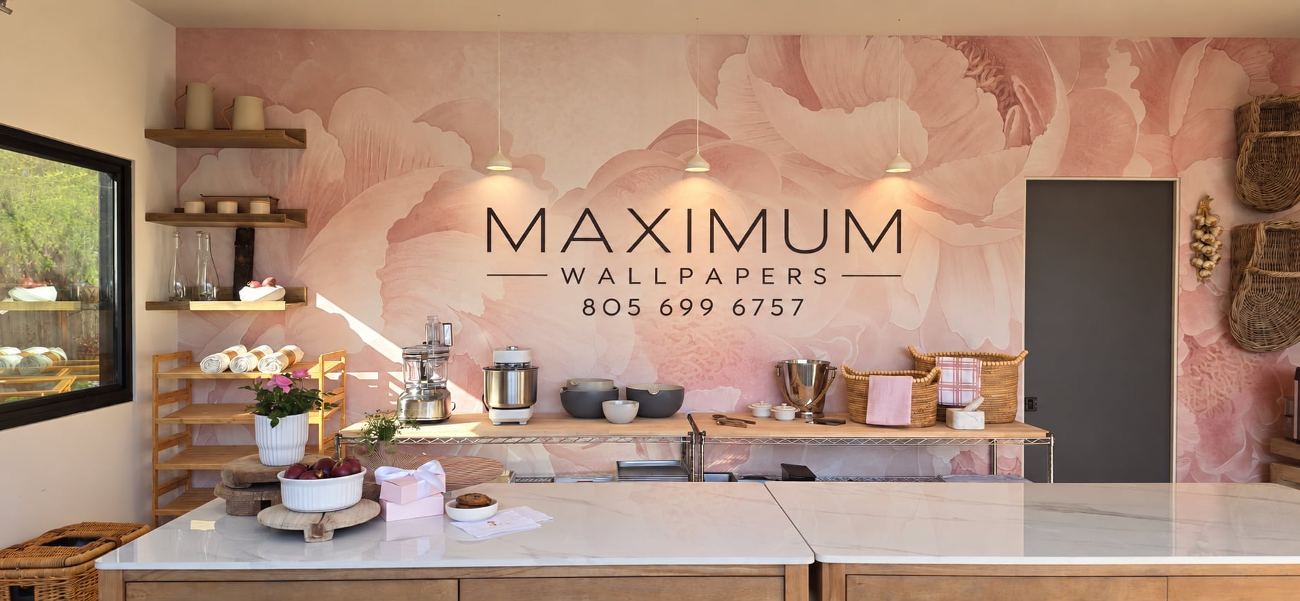 Maximum Wallpapers studio with a blush floral wallcovering