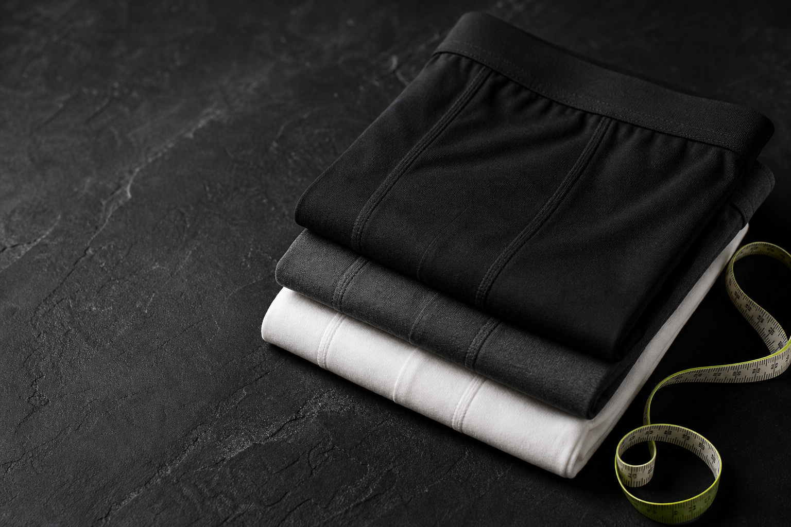 Folded underwear beside a measuring tape