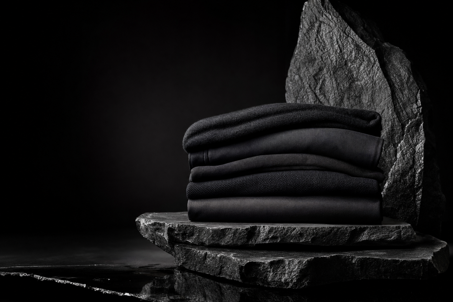 Folded charcoal essentials arranged on dark stone