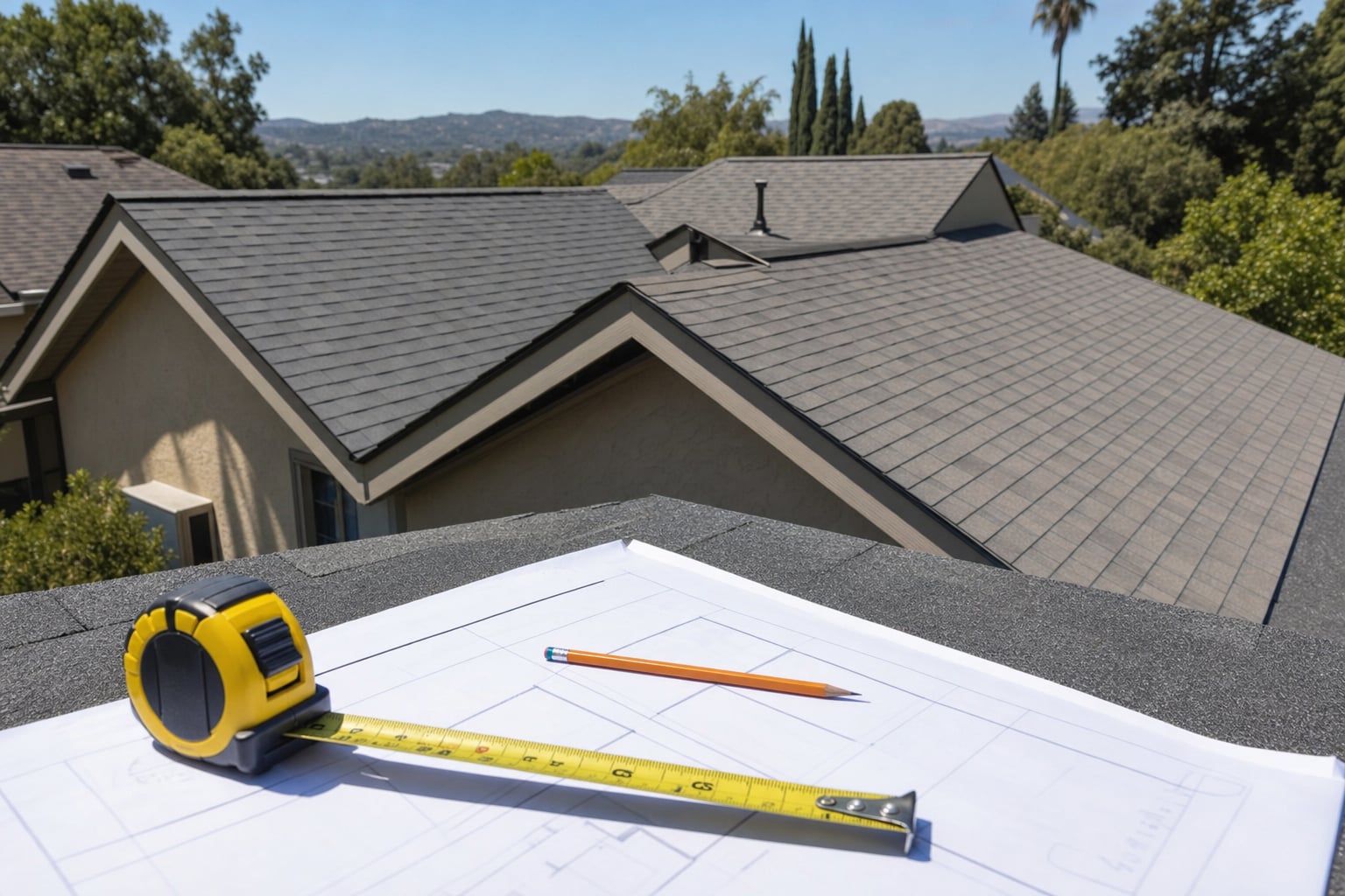 Residential asphalt shingle roof with a roof sketch and tape measure