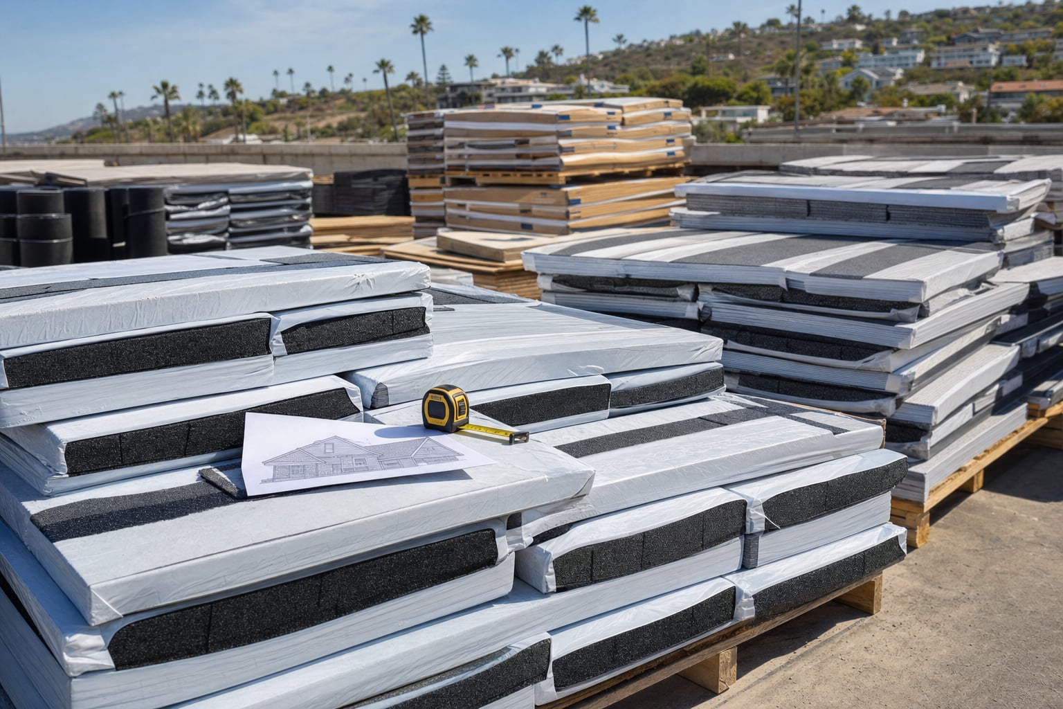 Shingle bundles on pallets with a tape measure and roof sketch