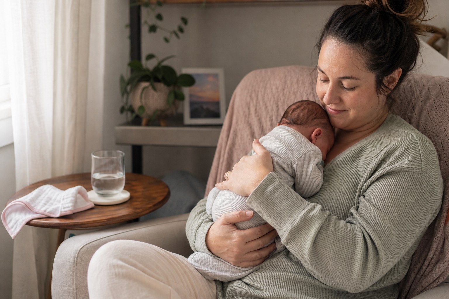 A parent holding a newborn close in a quiet living room