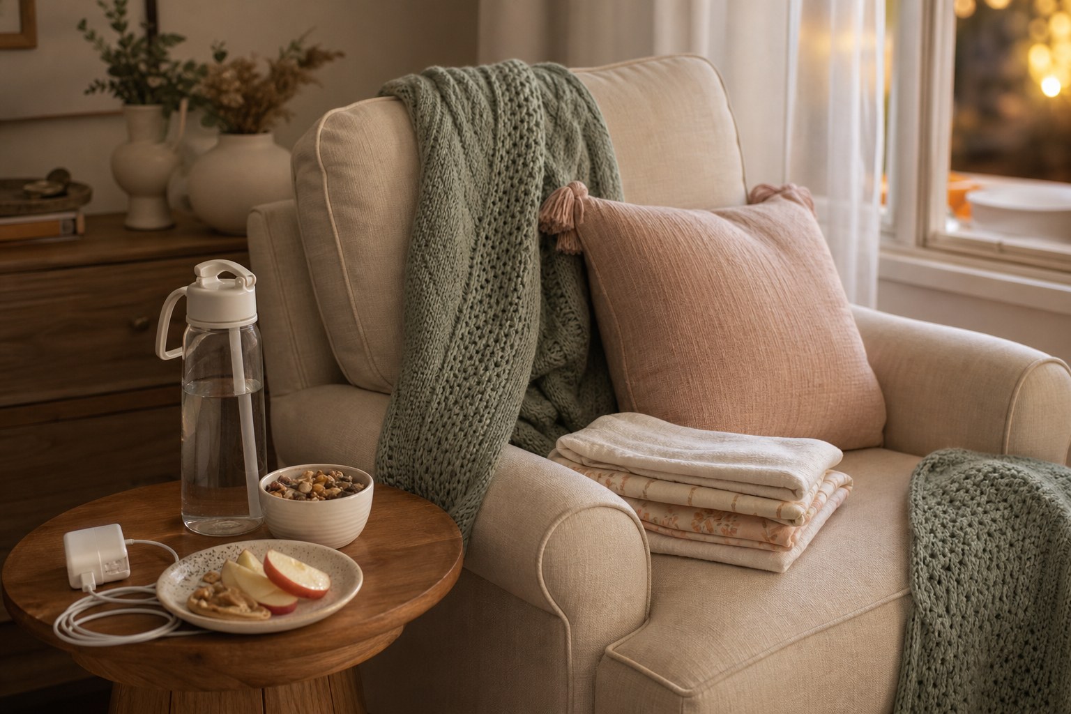 A comfortable chair prepared with water, a snack, burp cloths, and a soft blanket