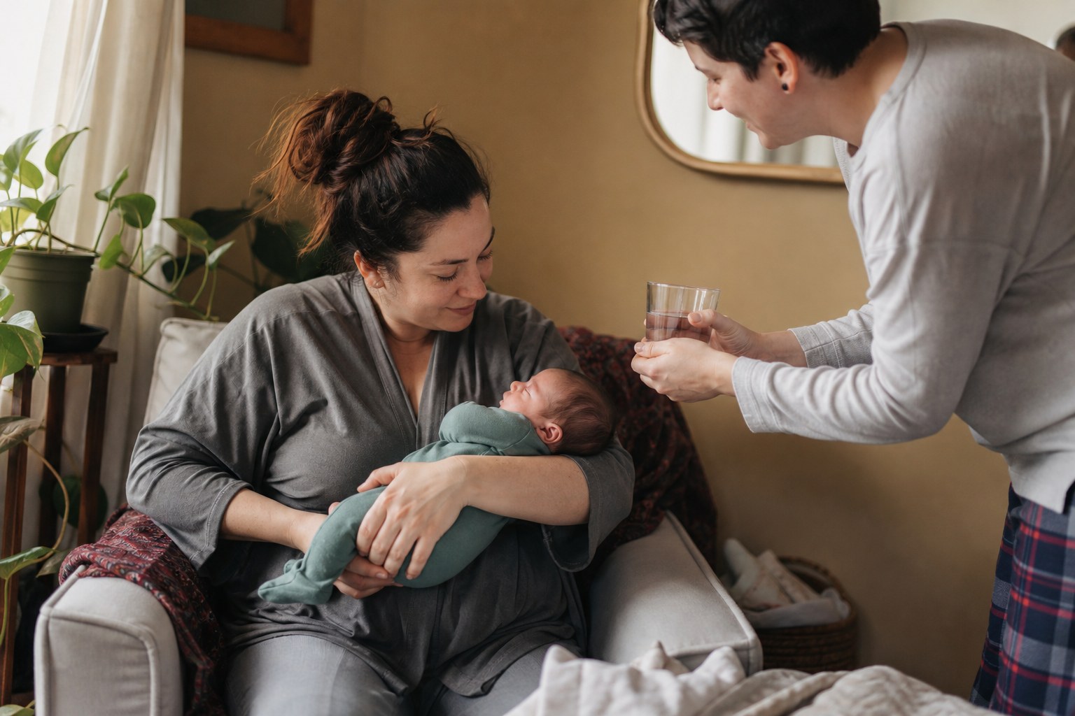 Two adults sharing newborn care at home while one brings a glass of water