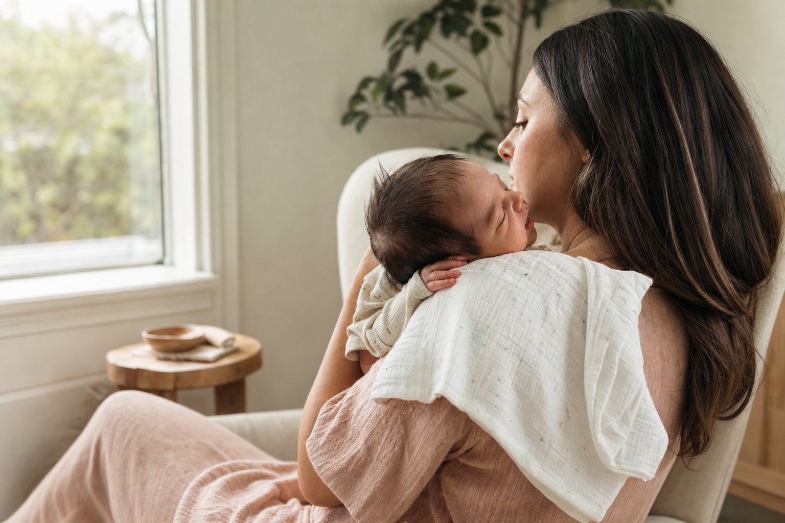 A parent holding a newborn near a sunny window
