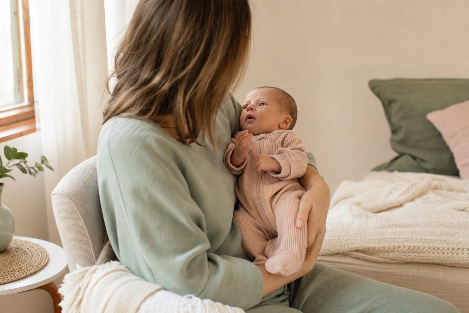A parent holding an awake newborn at home