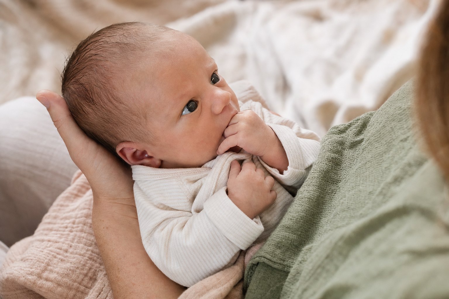 An alert newborn bringing a hand toward their mouth while held by a parent