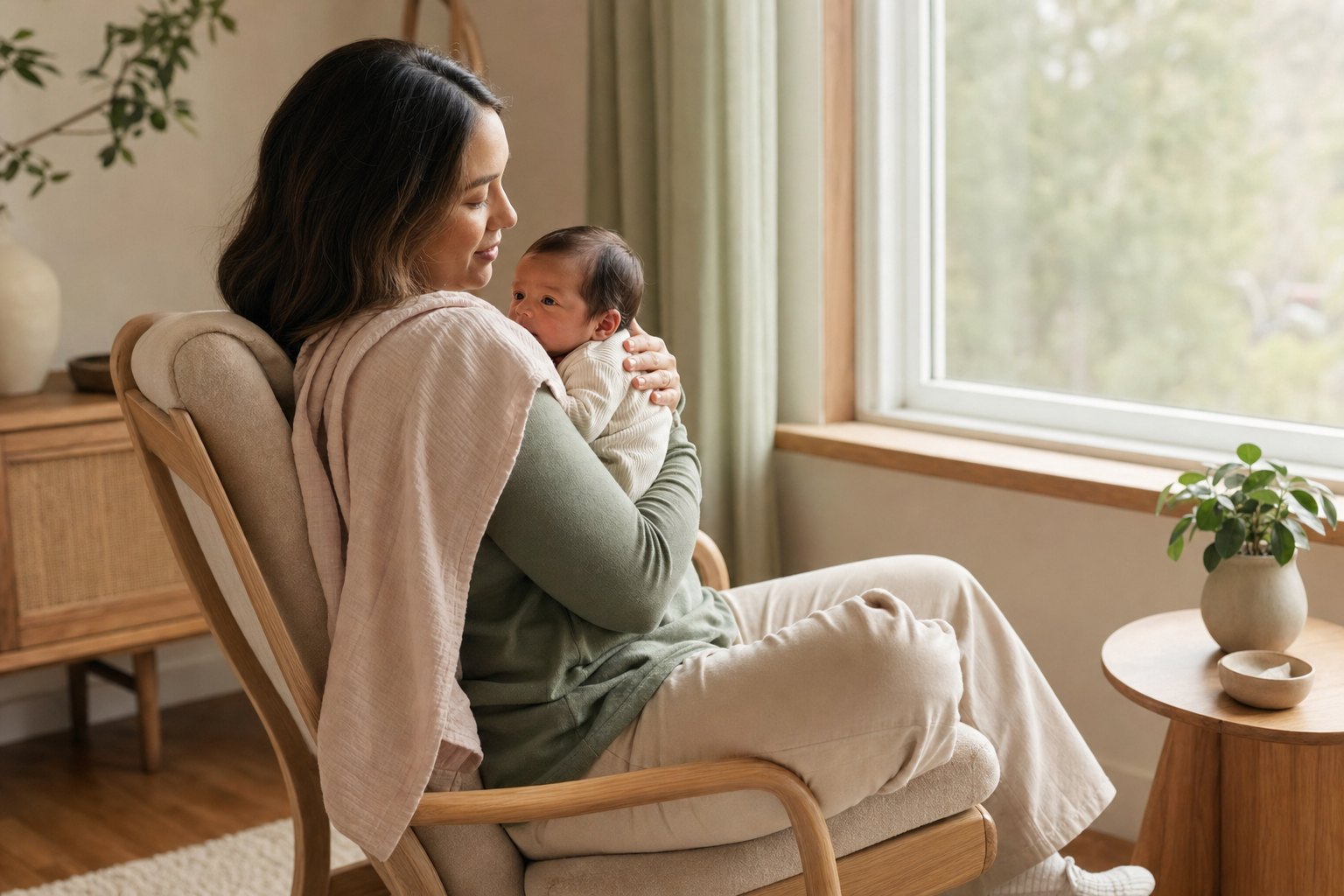 A parent holding a newborn upright and close after feeding