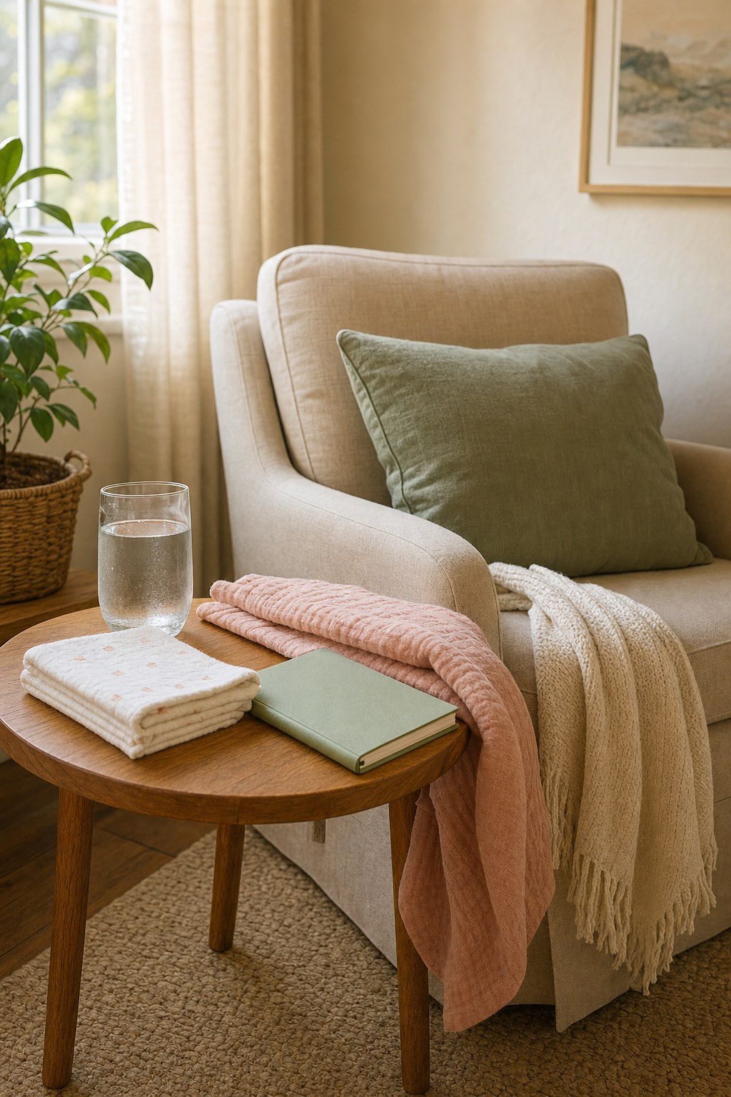 A quiet chair and practical feeding supplies in a warm home