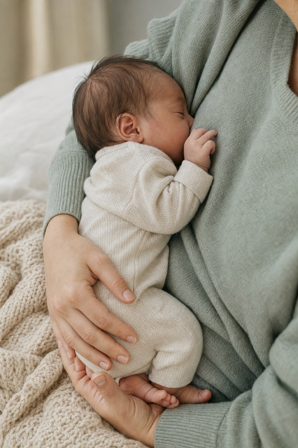 A parent holding a newborn close during a calm feeding at home