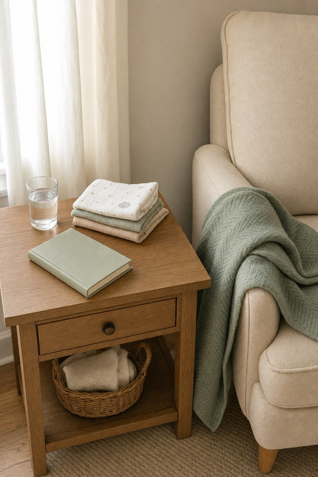 A chair with a soft sage blanket beside a small table with water and folded burp cloths