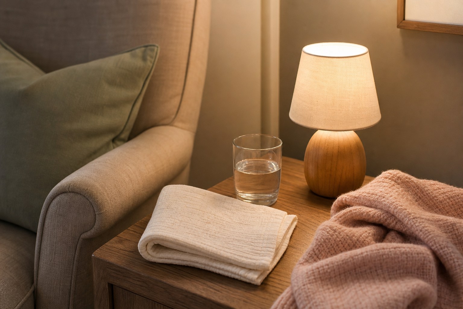 Soft blankets, a burp cloth, and a glass of water on a small table beside a chair