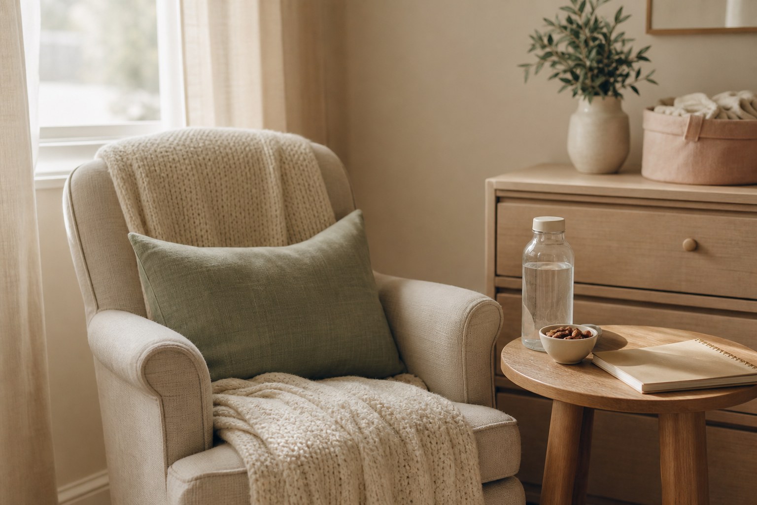 A comfortable chair prepared for a newborn feeding with water, a snack, and soft blankets nearby