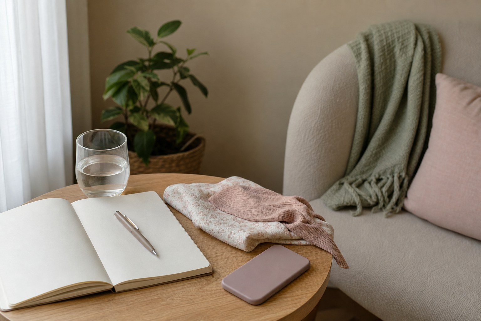 A notebook, water, and soft baby clothing beside a comfortable chair