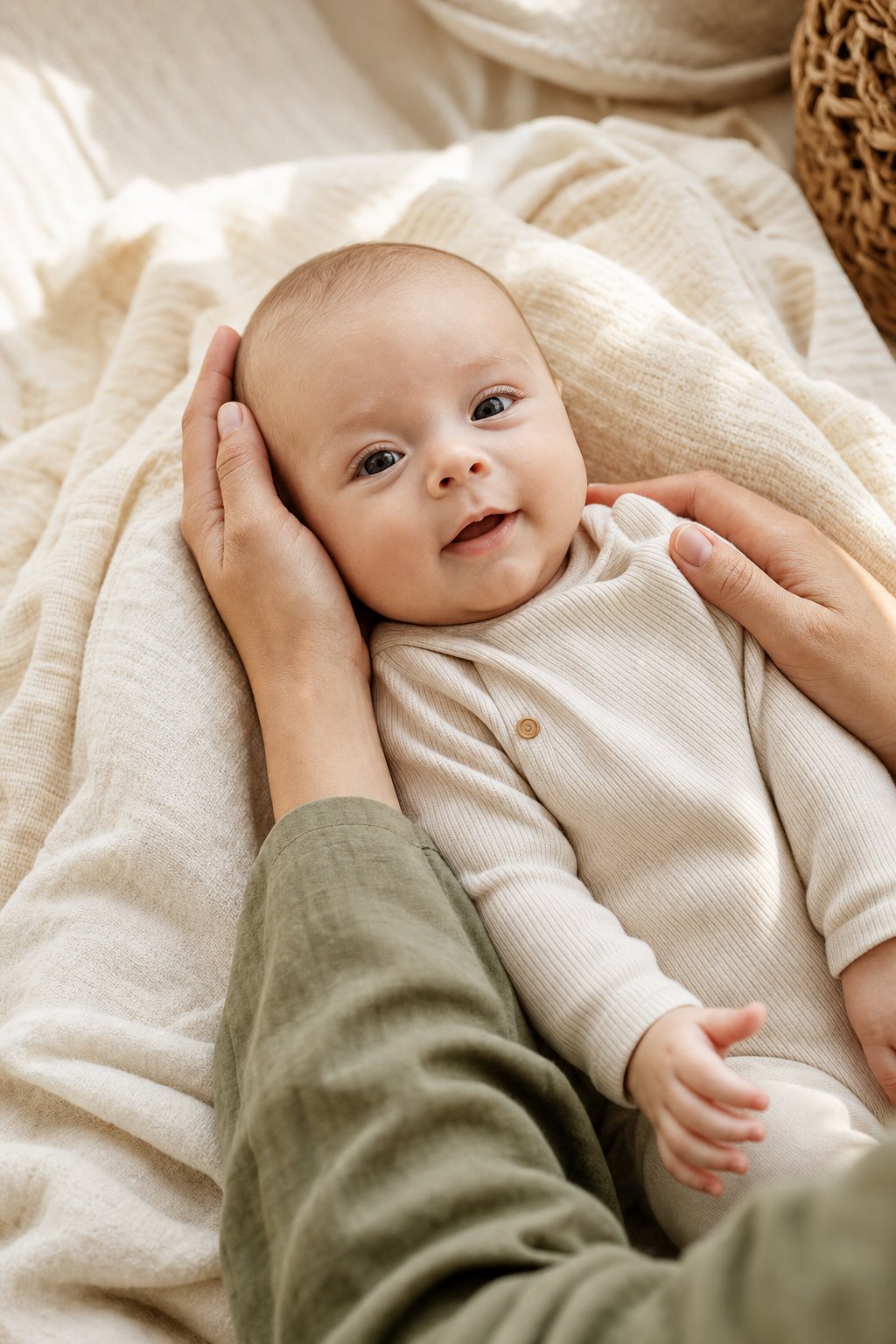 Gentle hands supporting a calm infant