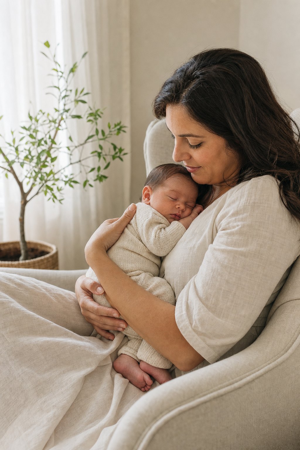 A mother holding her sleeping newborn in a sunlit home