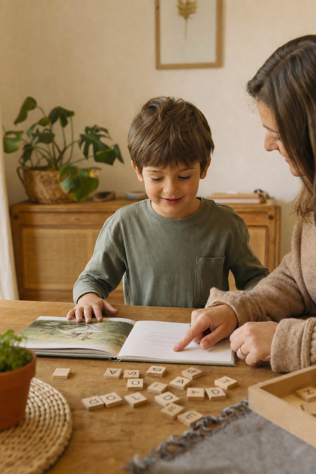 A child reading with an adult nearby