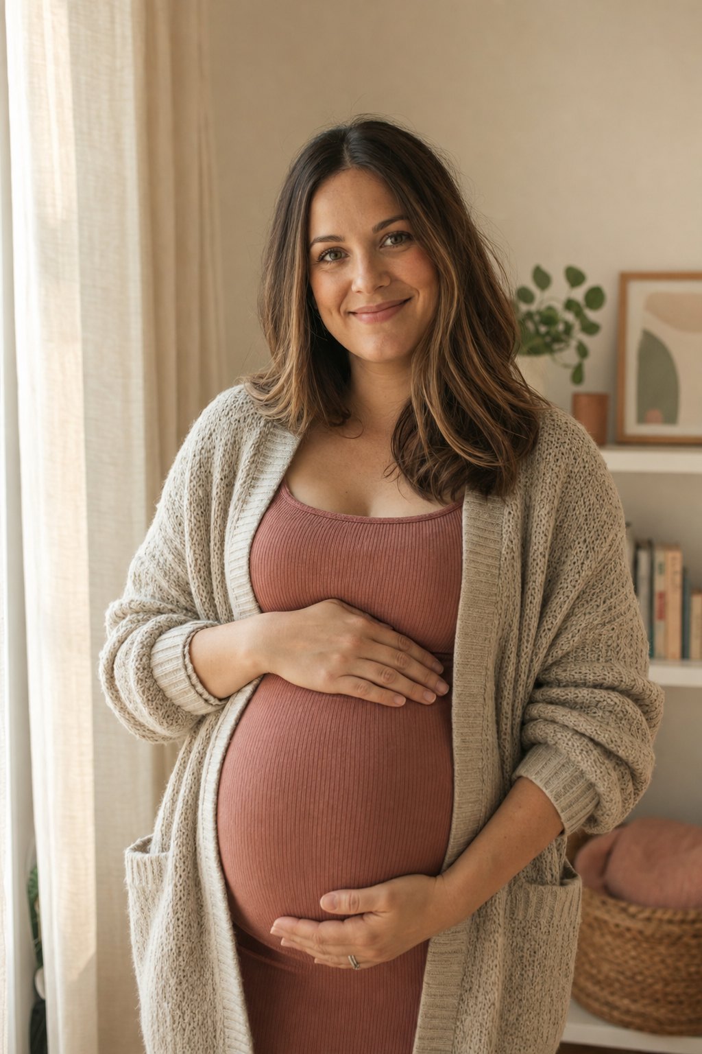 Expectant parent resting a hand on her belly