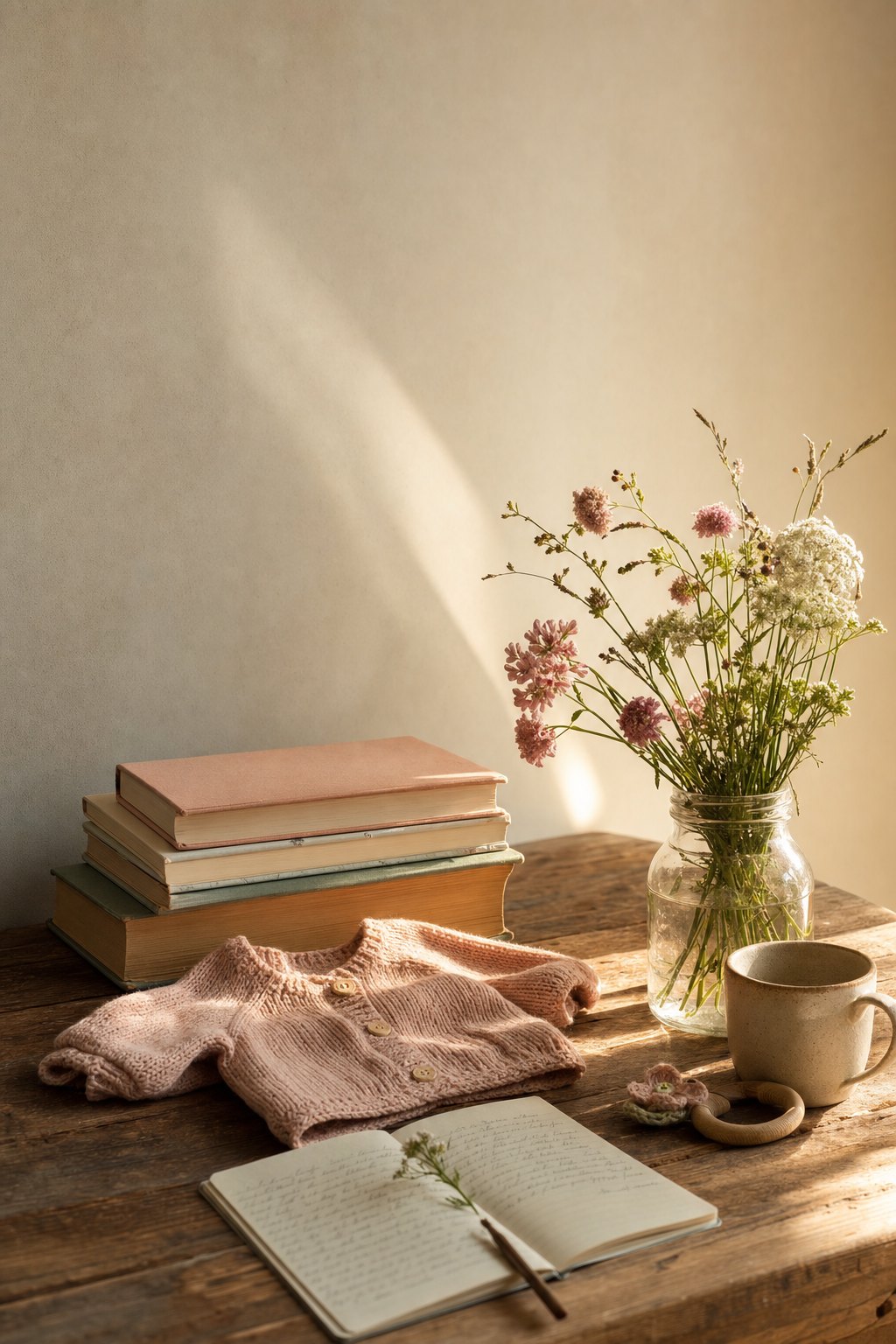 A warm still life of baby clothing, books, and a notebook