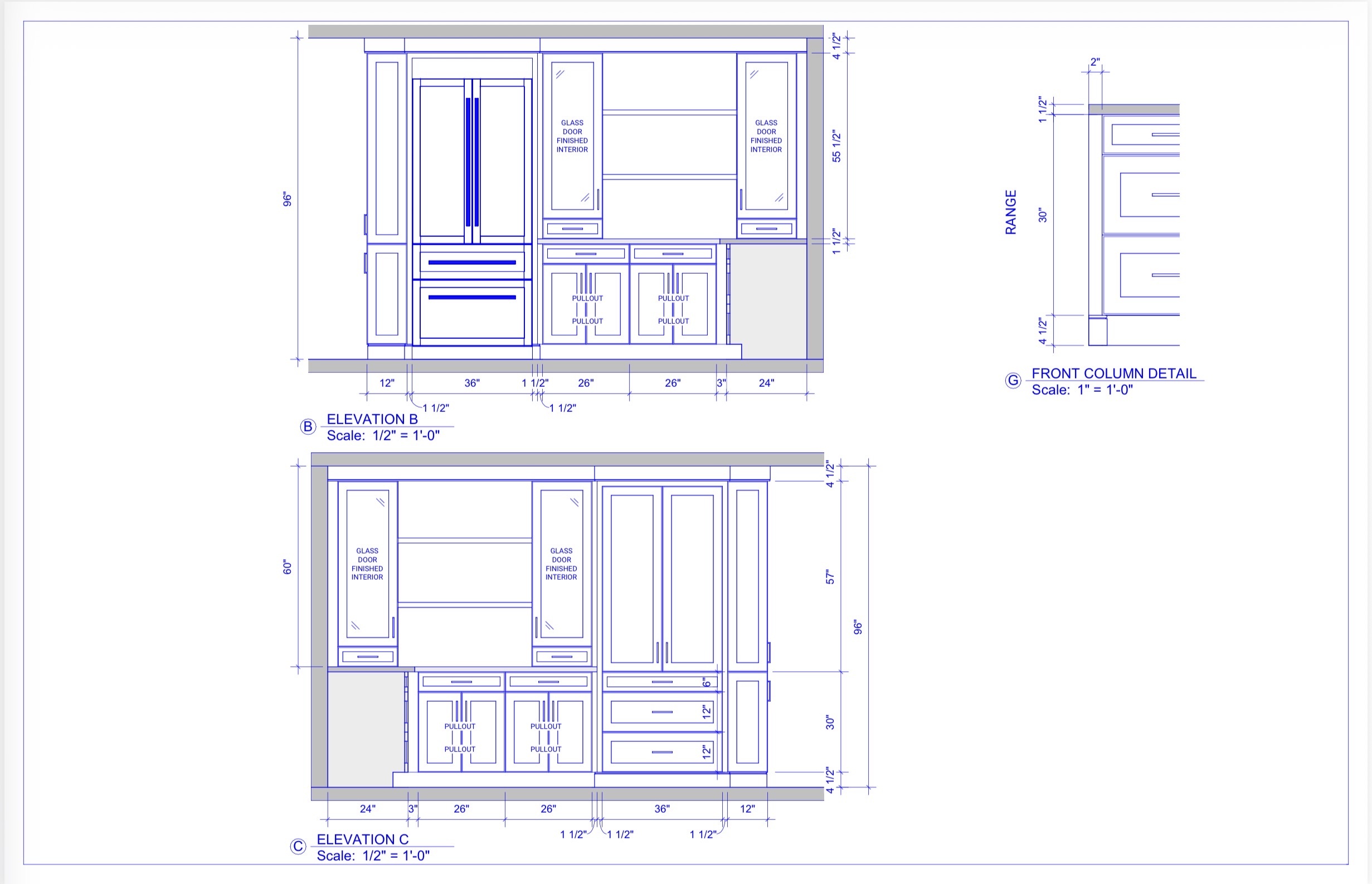 CAD cabinetry elevation drawings showing storage and pullout details