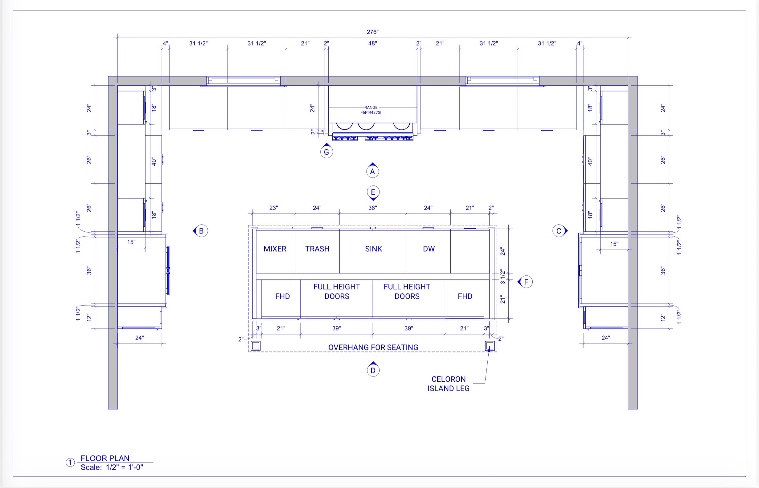 CAD floor plan for a bespoke kitchen cabinetry design