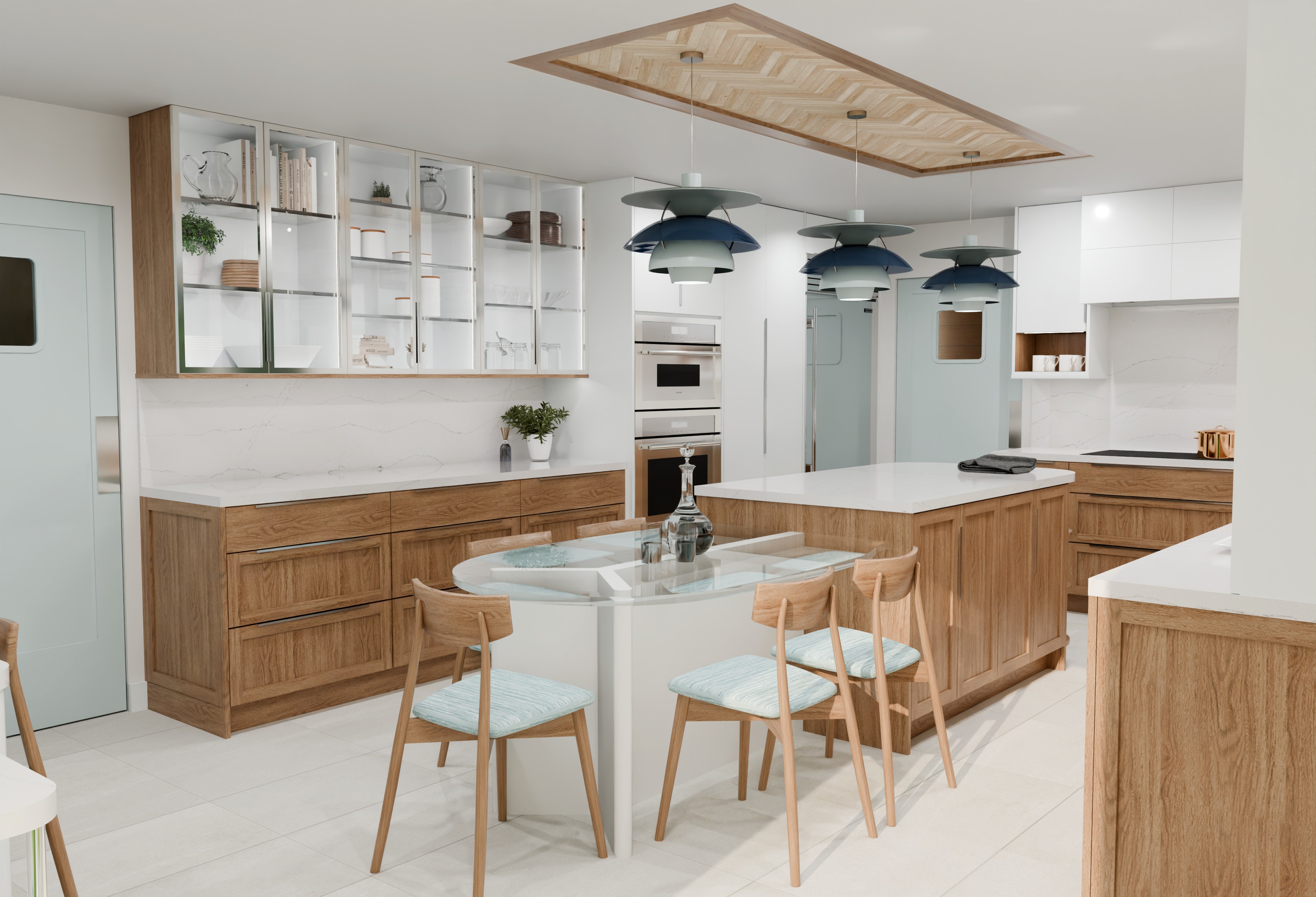 Rendered wide view of a bright kitchen with warm wood cabinetry and sculptural pendant lighting