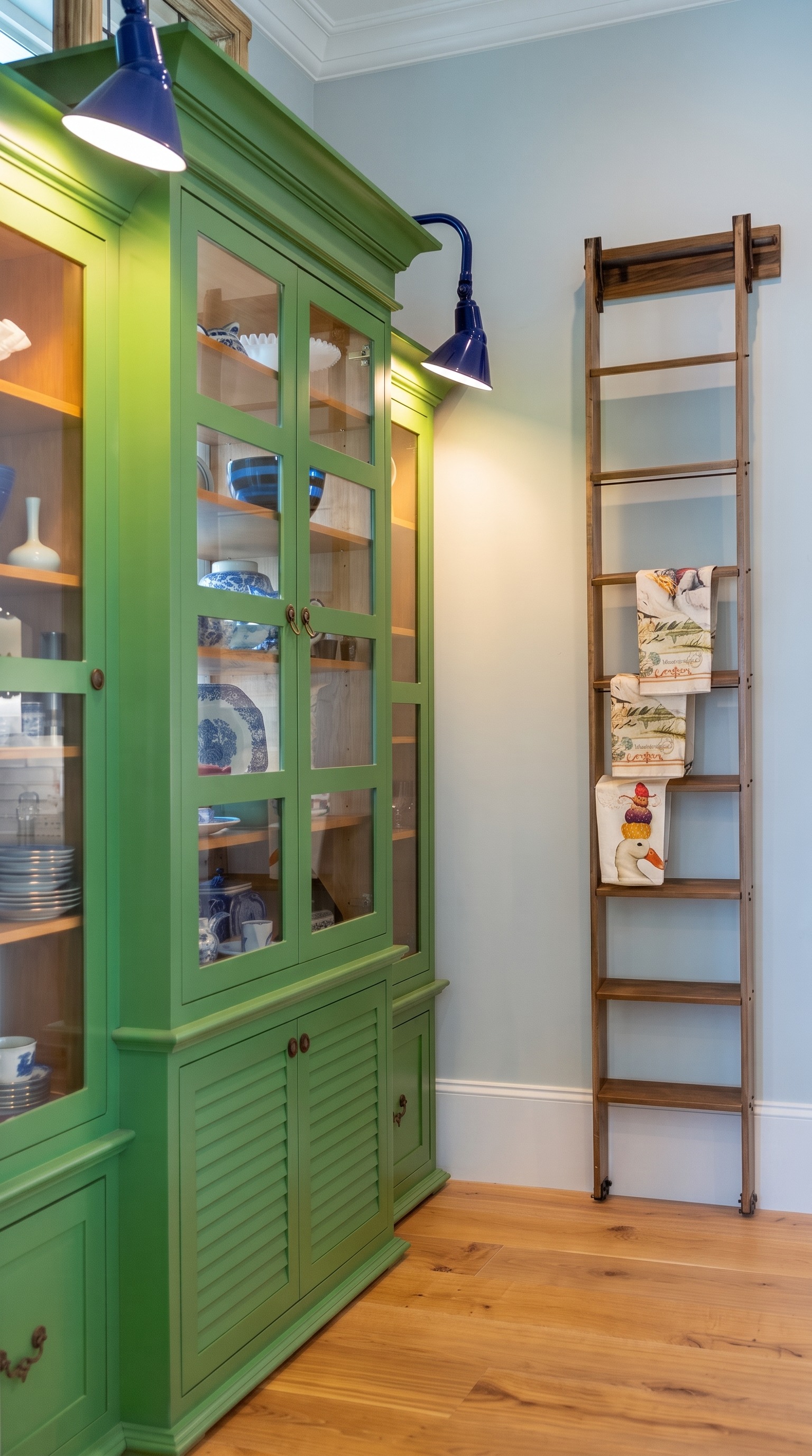 Green custom pantry cabinetry with illuminated glass-front storage