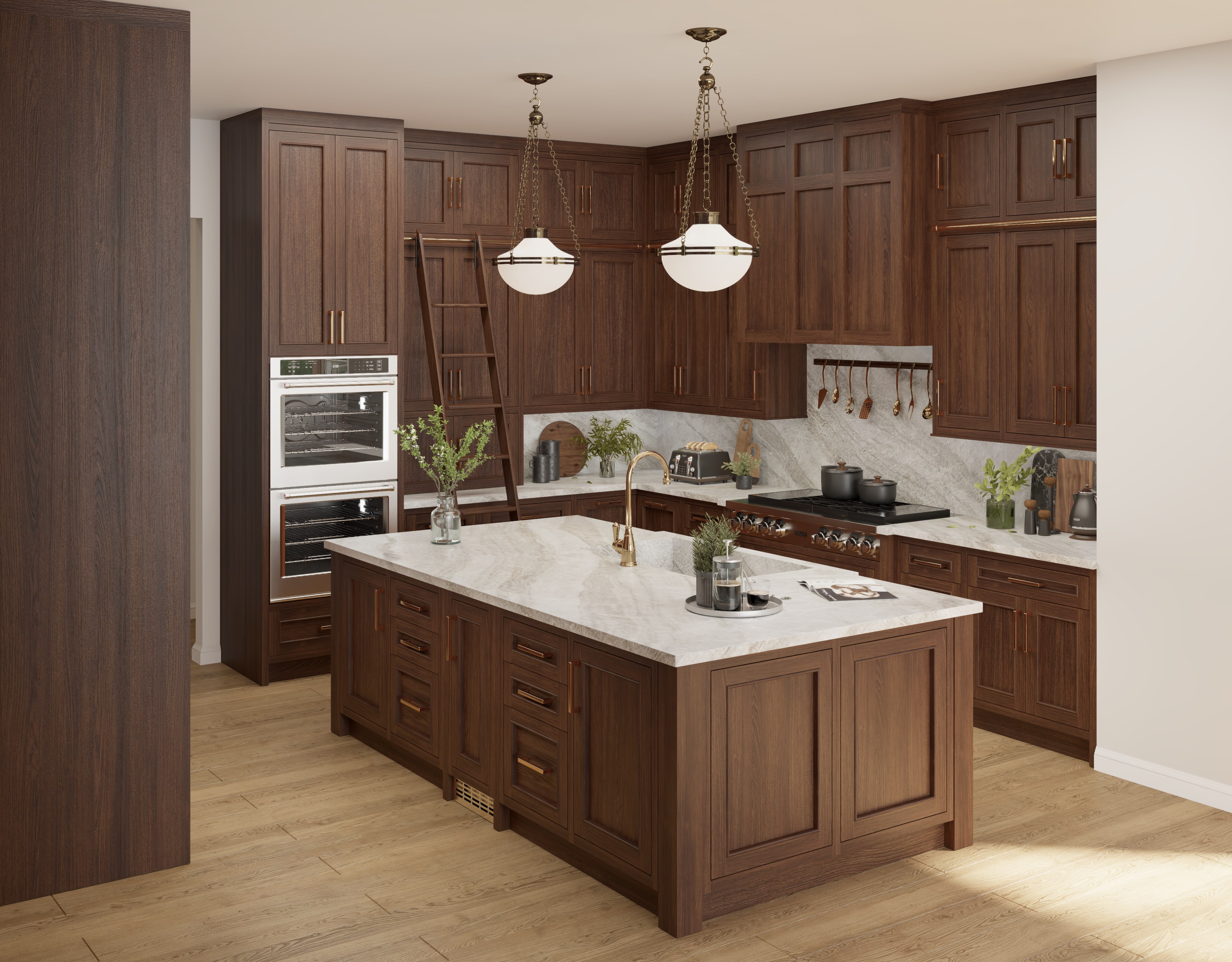 Kitchen design rendering with an island and a coordinated run of surrounding cabinetry