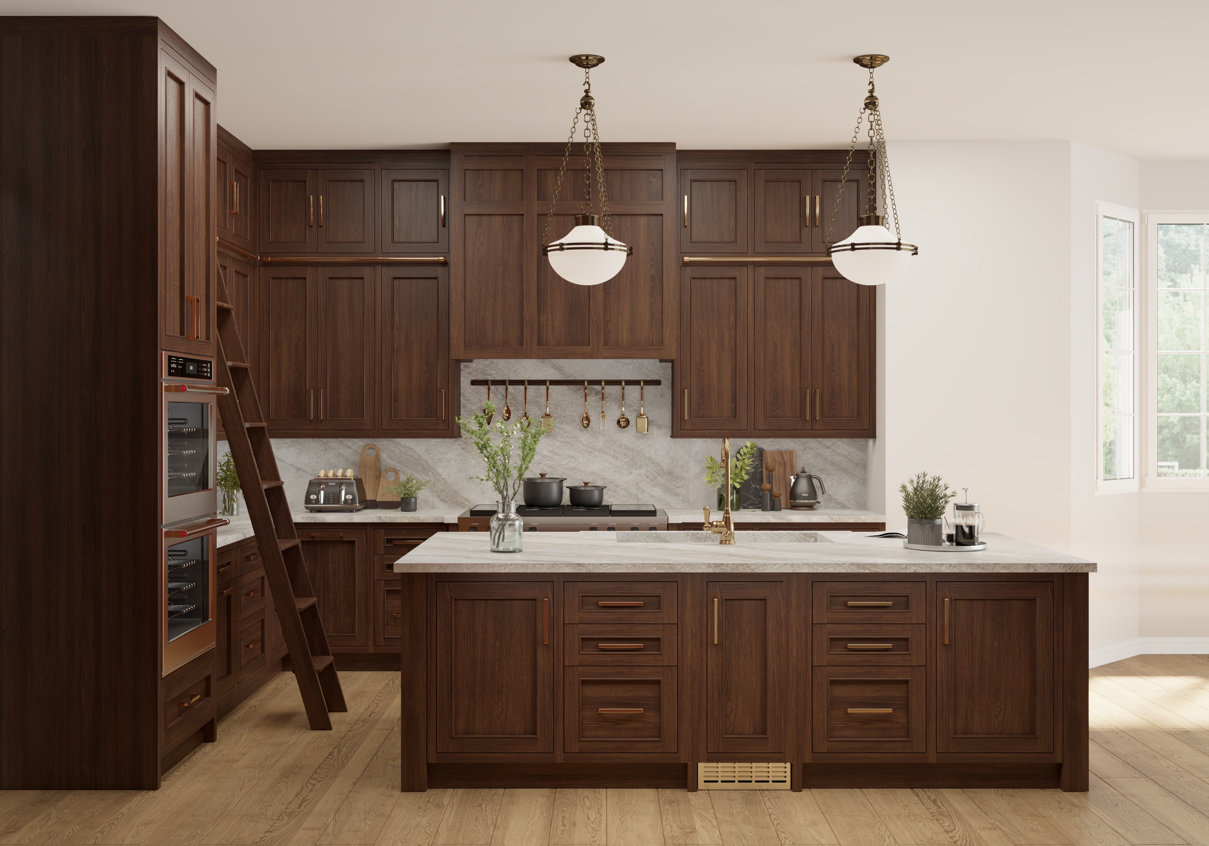 Kitchen rendering with tailored base cabinetry below a long work surface