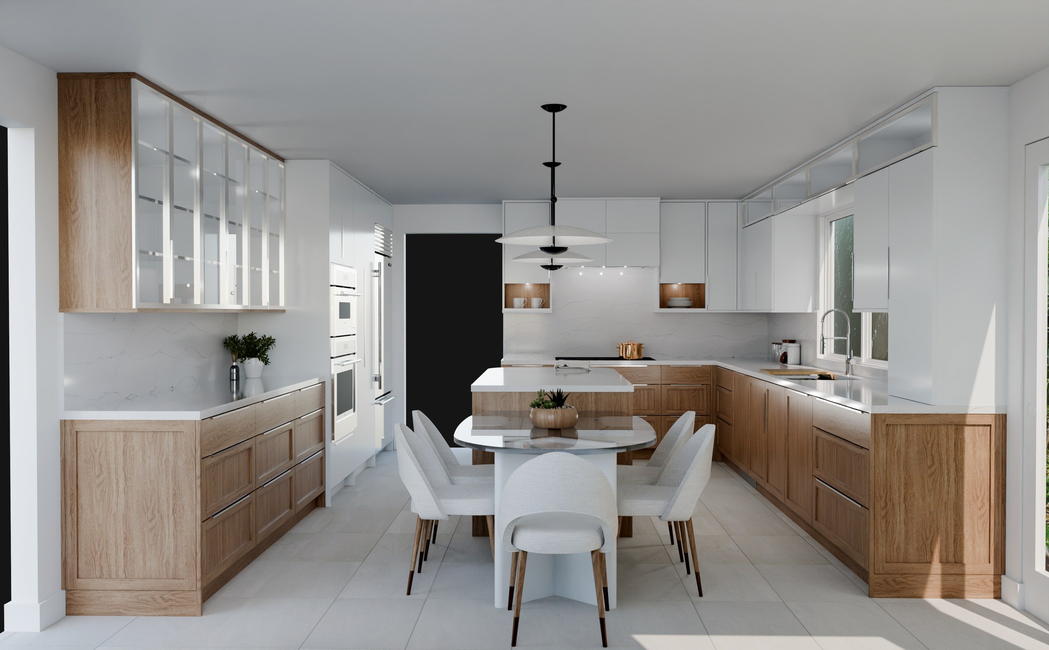 Kitchen design rendering with a long run of tailored base cabinets