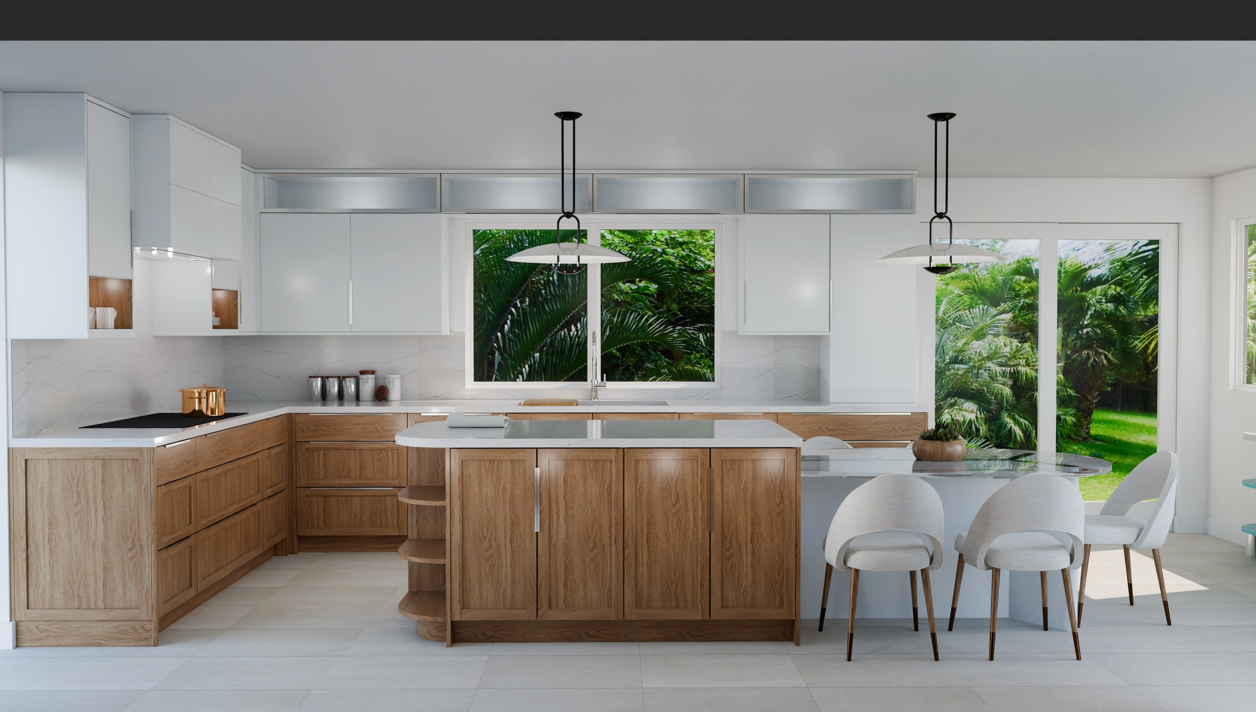 Kitchen rendering showing cabinetry arranged around a cooking and preparation area