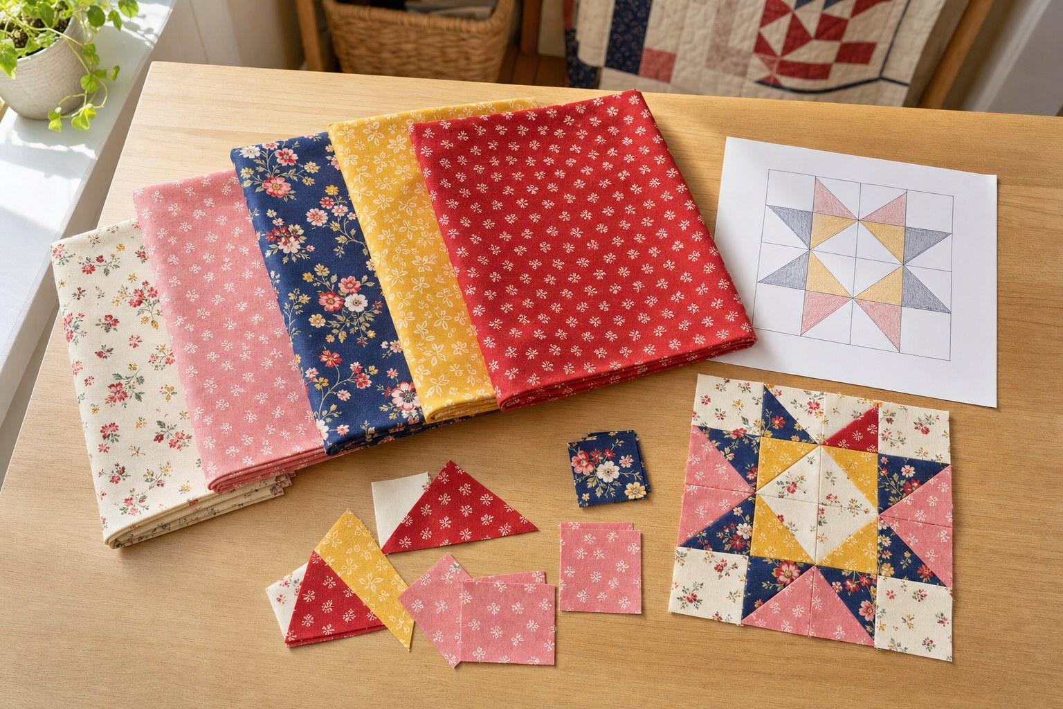 Five coordinated quilting fabrics beside a pieced quilt block audition