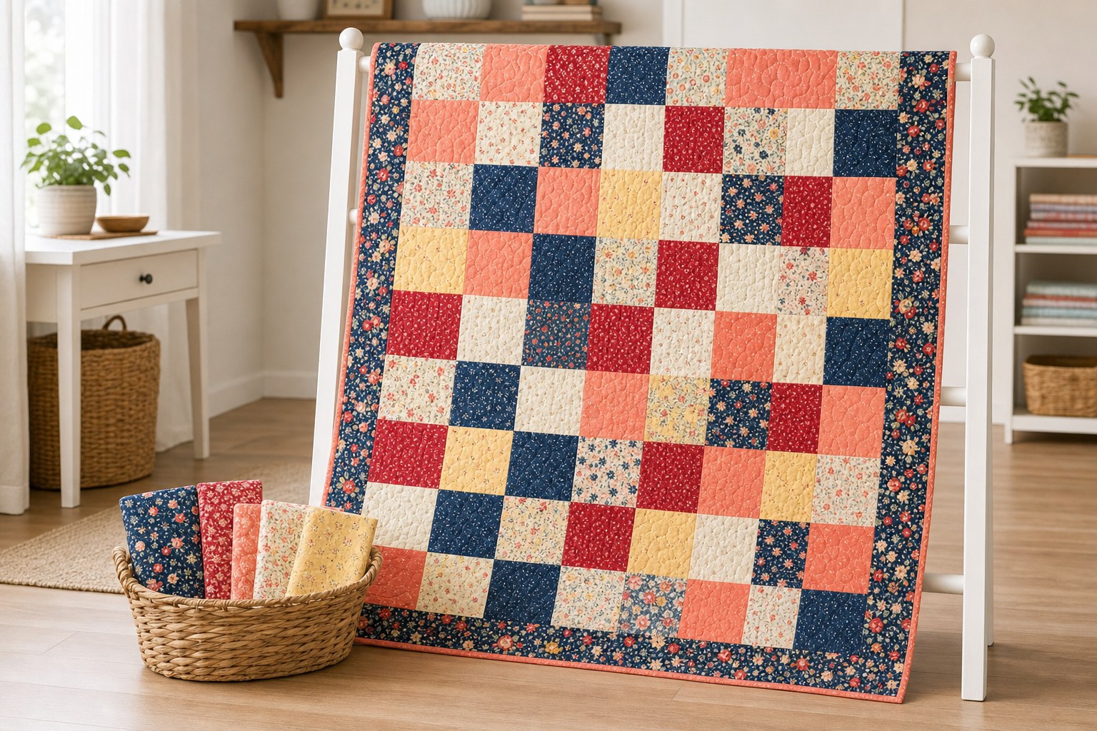 Finished patchwork lap quilt displayed with five coordinated fabric cuts
