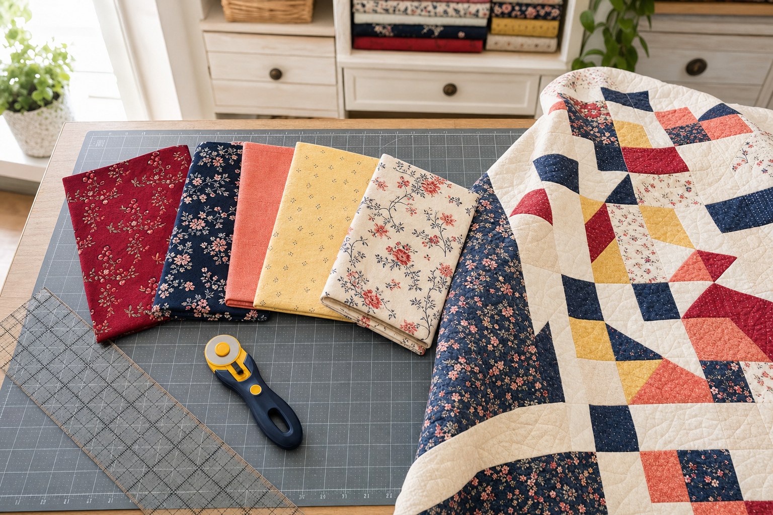 Five coordinated quilting cotton cuts on a cutting mat beside a finished patchwork quilt