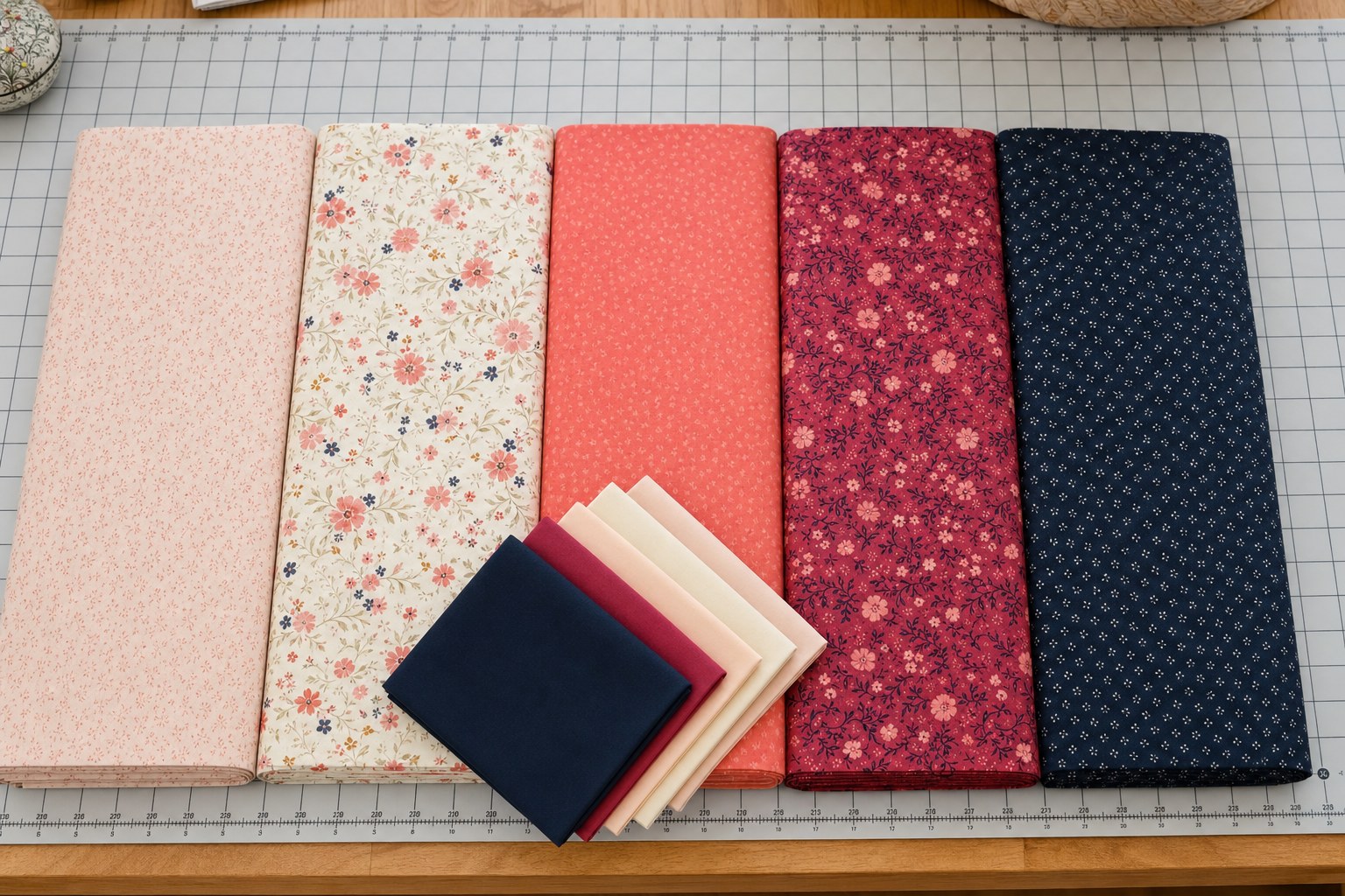 Five quilting cotton cuts arranged from light to dark on a cutting table