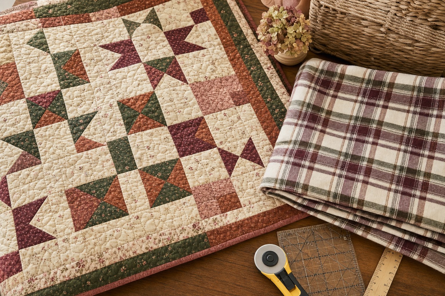 Patchwork quilt with a folded plaid flannel backing on a quilting table