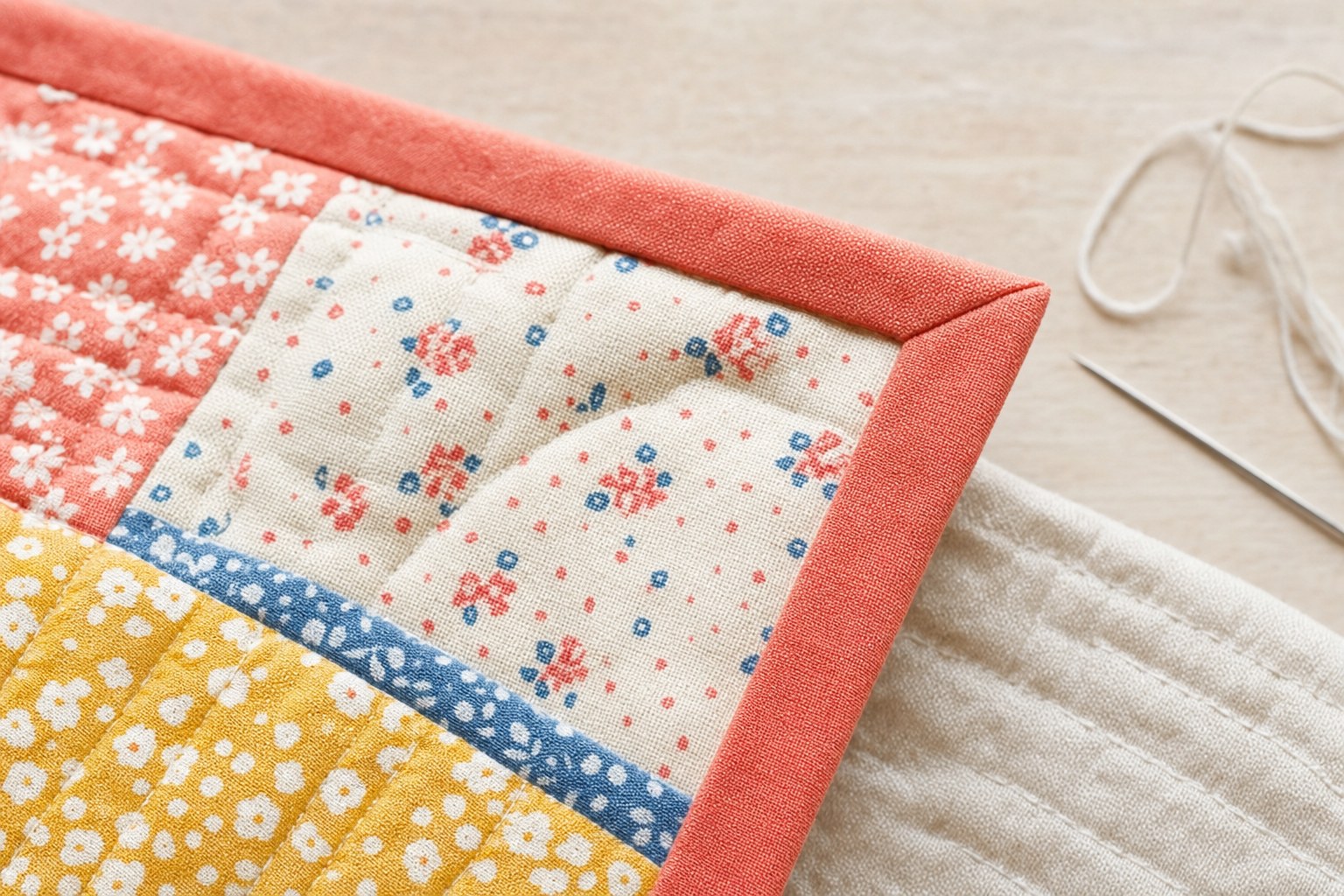 Neatly mitered coral binding around the corner of a patchwork quilt