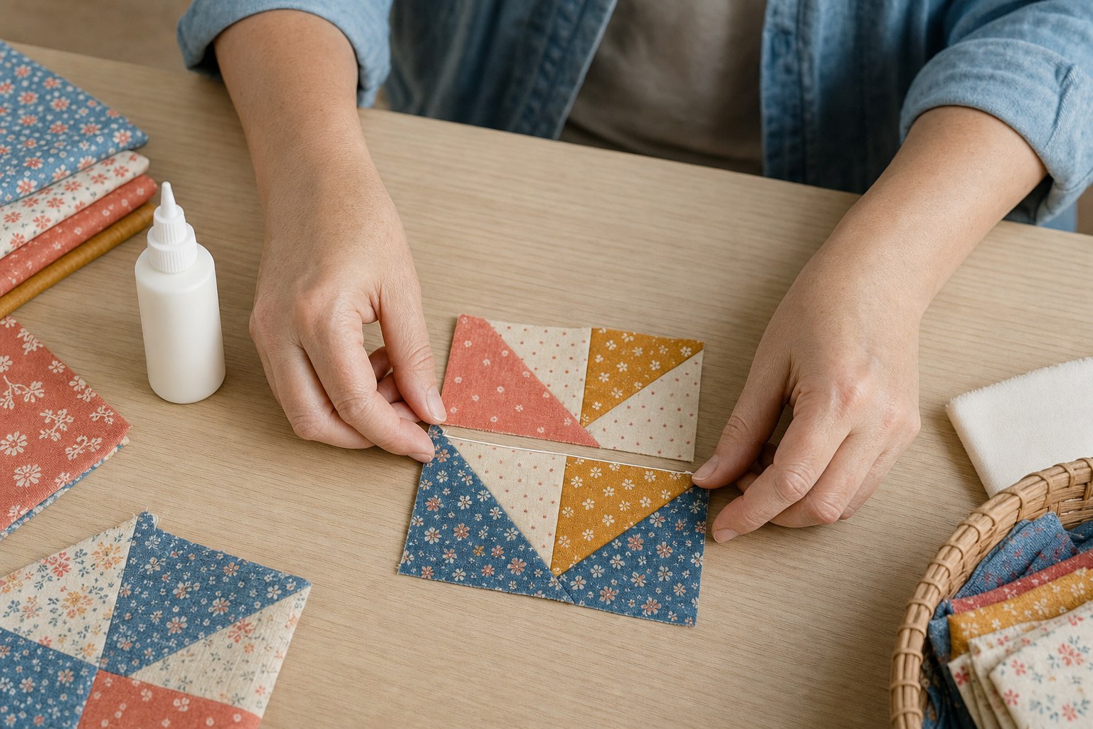 Quilt maker aligning colorful patchwork pieces beside a washable glue bottle