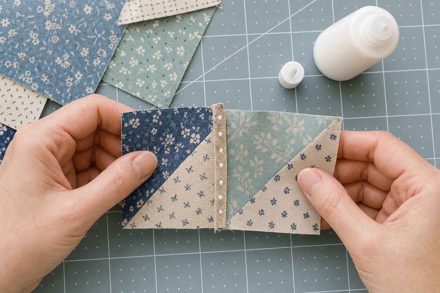 Small dots of washable glue placed inside the seam allowance of patchwork pieces