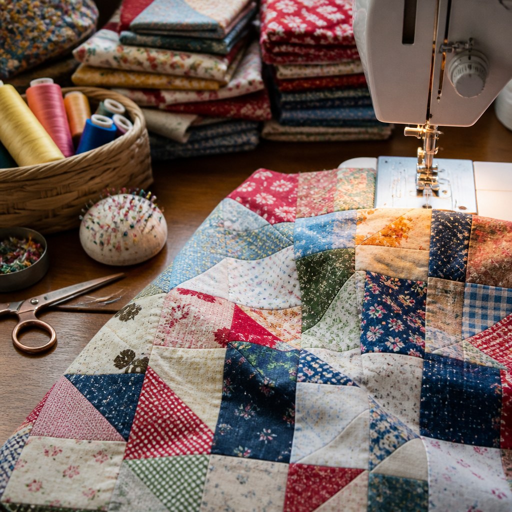 Colorful patchwork quilt beside a sewing machine and organized quilting supplies