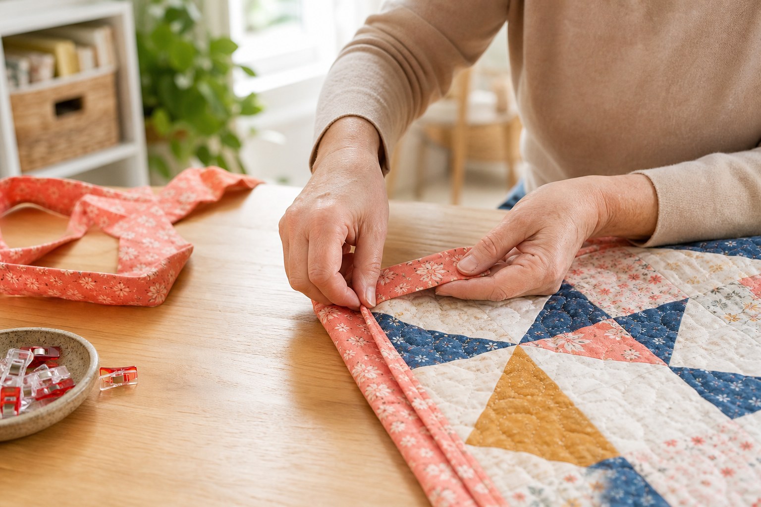 Quilt maker folding coral quilt binding around a finished patchwork quilt