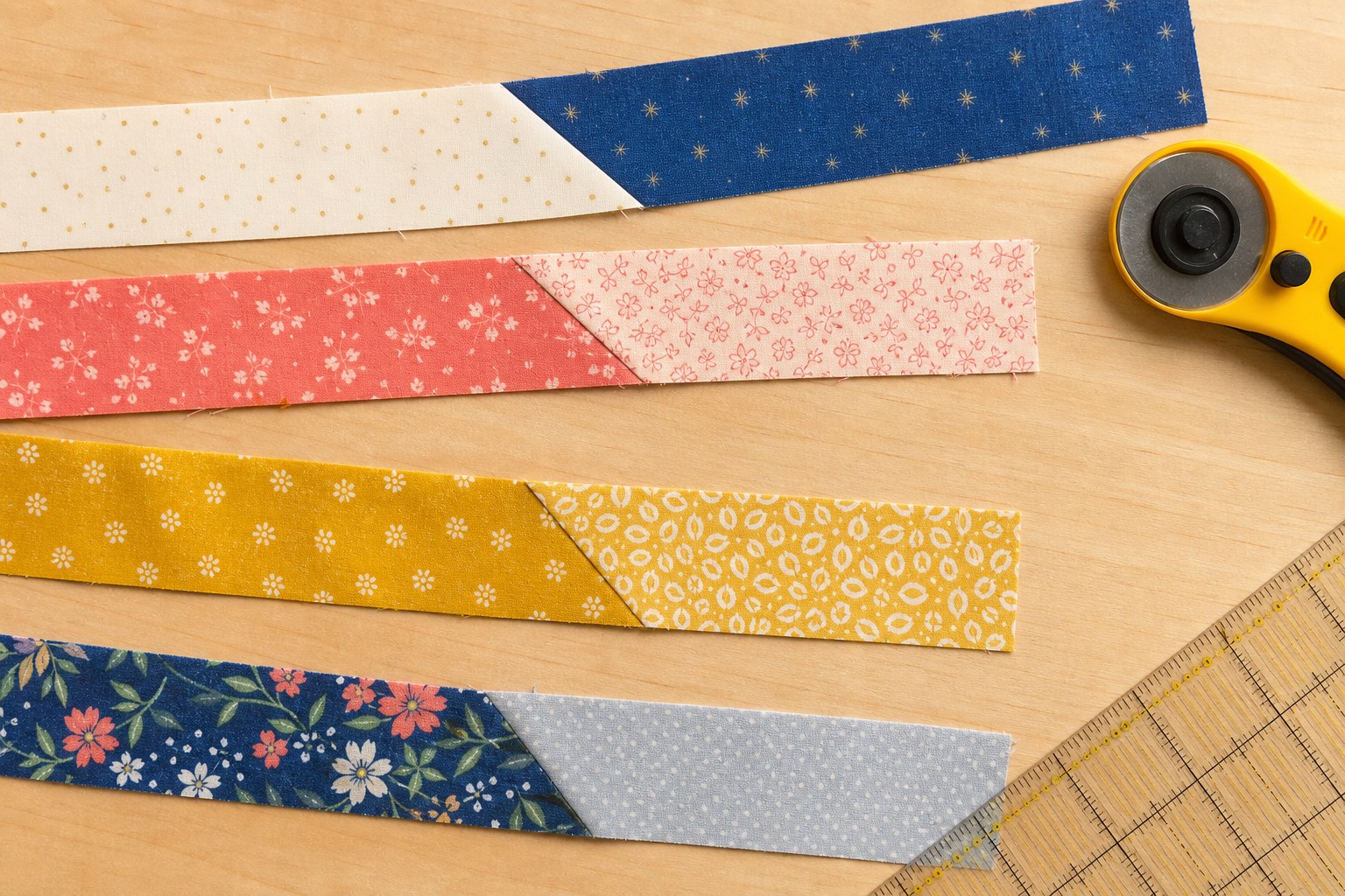 Colorful quilting cotton binding strips joined with diagonal seams