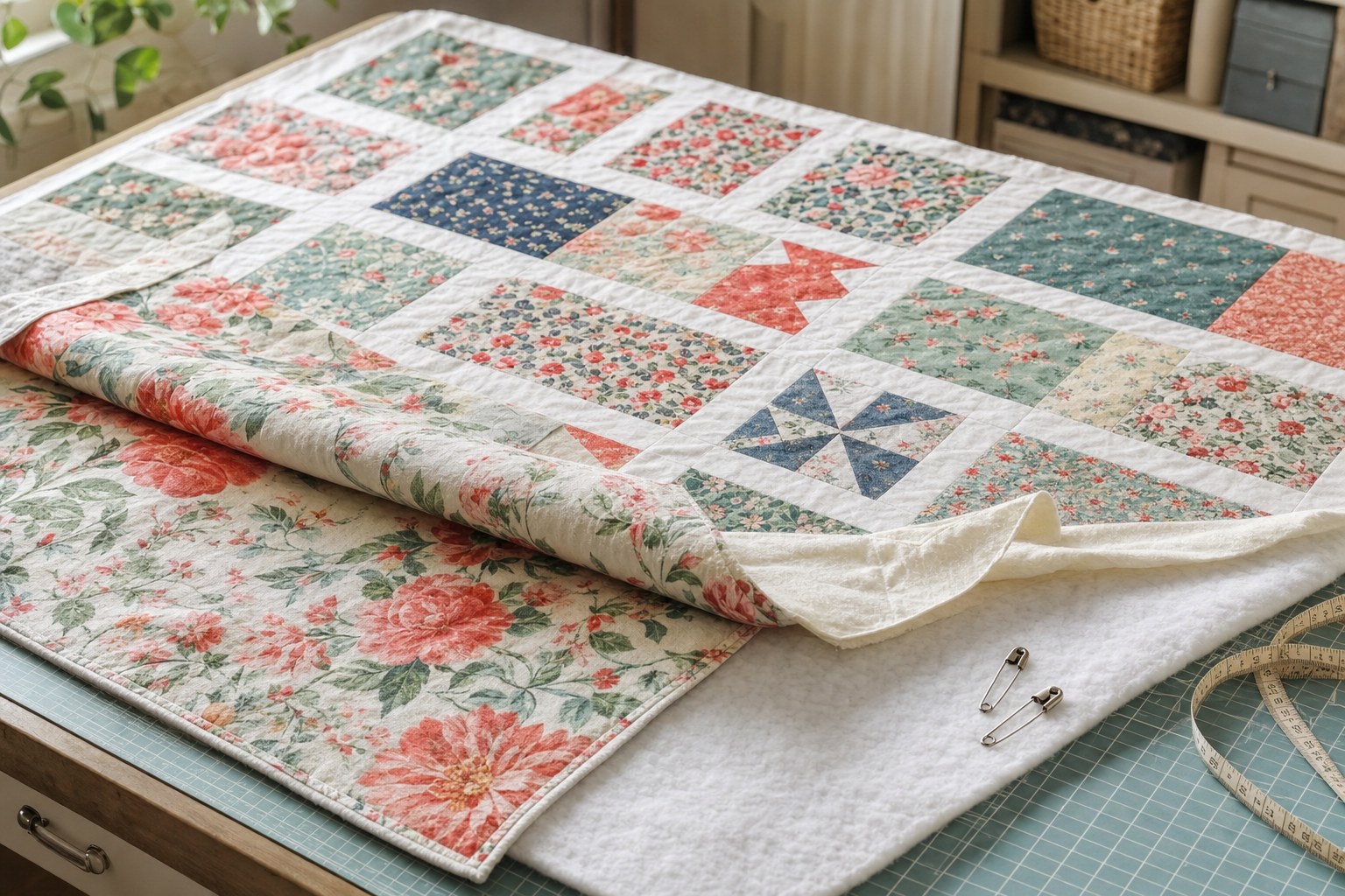 Patchwork quilt top, floral backing, and batting layered on a cutting table