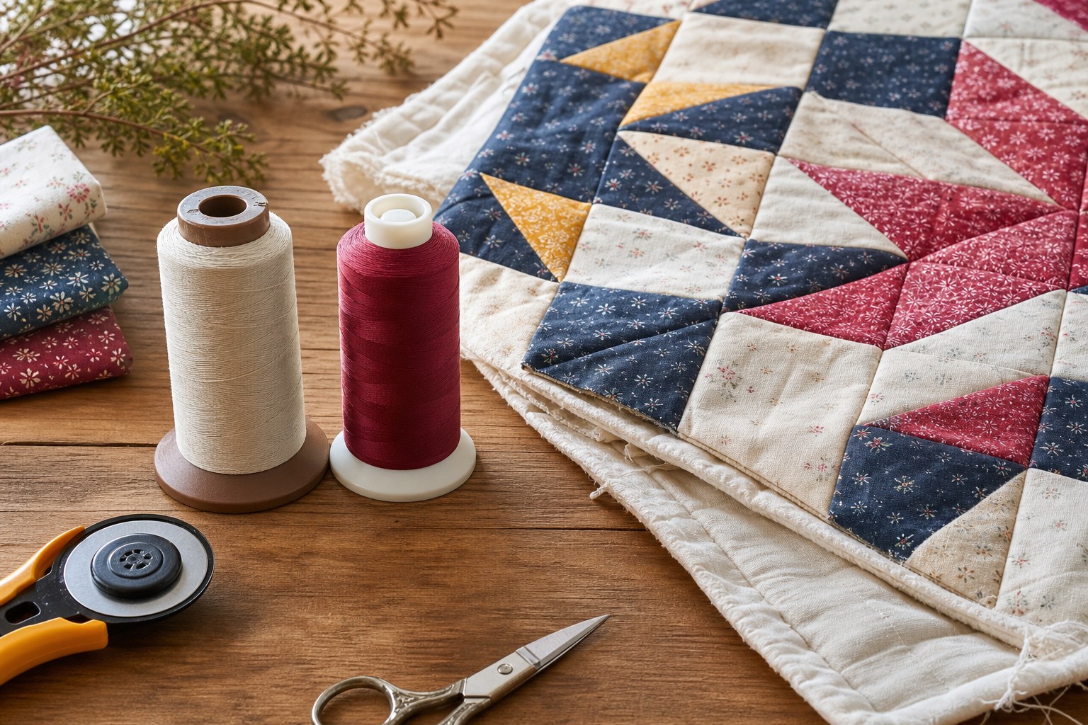 Matte cotton and smooth polyester thread spools beside a patchwork quilt on a sewing table