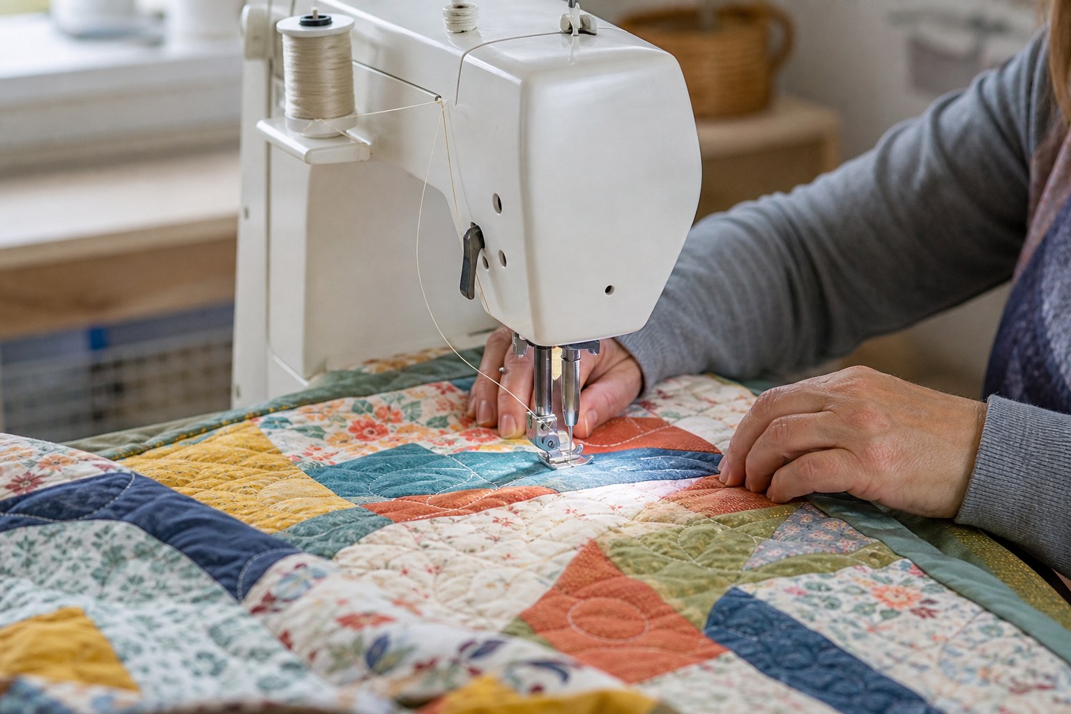Machine quilting stitches being sewn across a colorful patchwork quilt