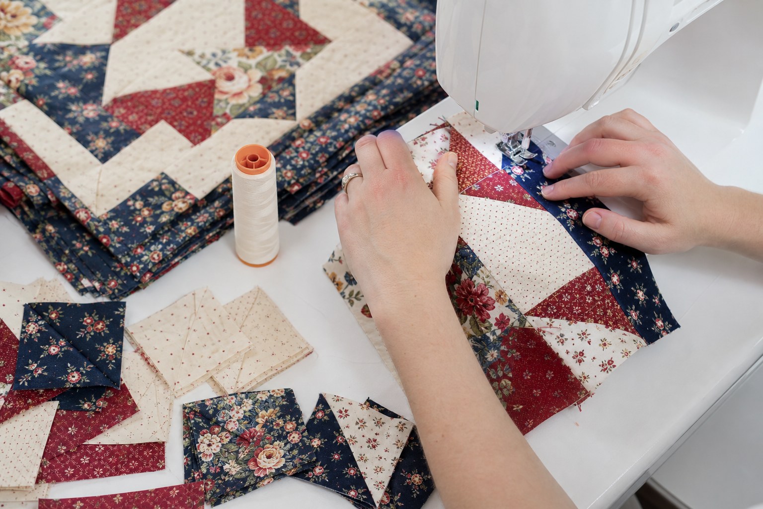 Quilt maker piecing cotton patchwork blocks at a sewing machine