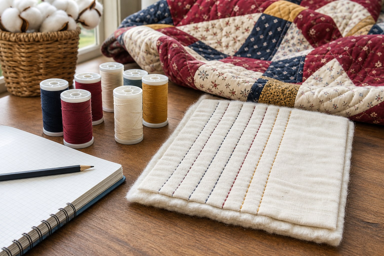 Quilt sandwich test sample with thread spools and a notebook on a sewing table