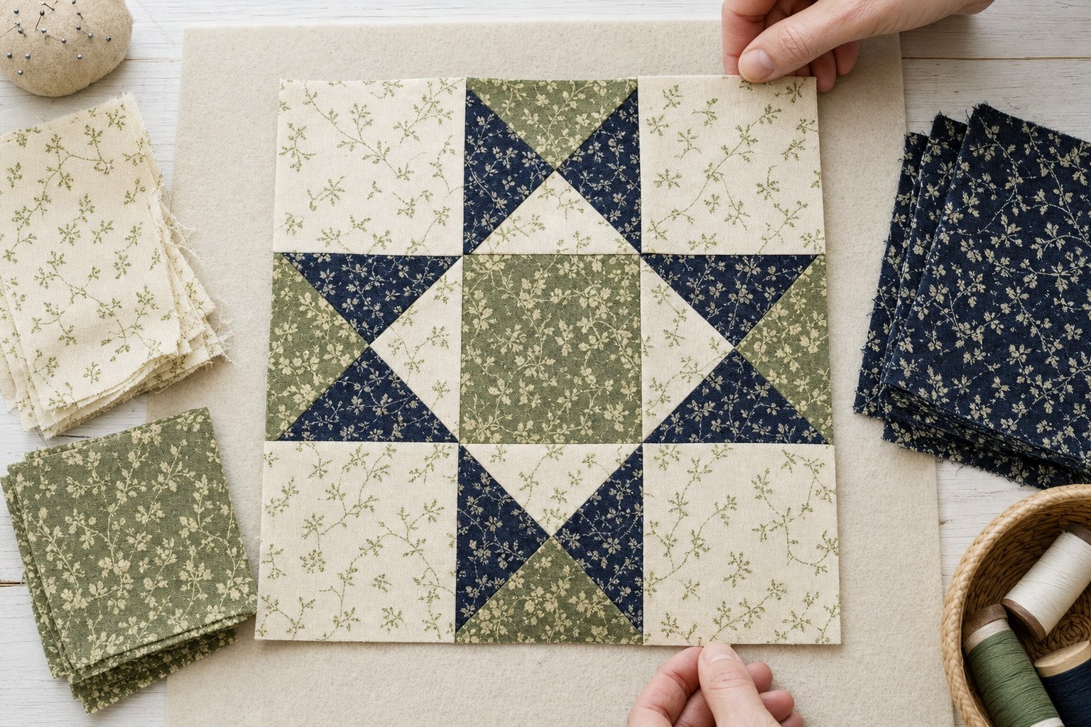 Three fabrics auditioned in a small blue, green, and cream patchwork block
